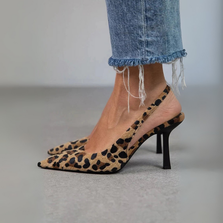 Seda – läderkänga med leopardmönster och benvita klackar