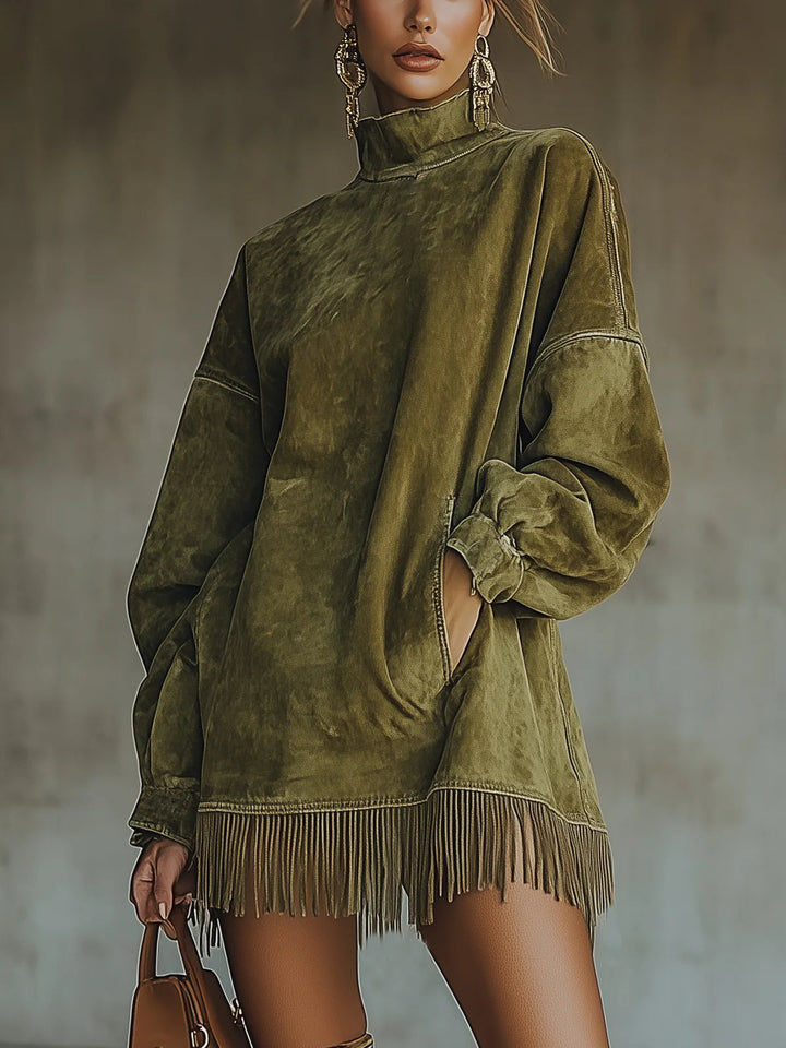 Gabriela – höghalsad mockaklänning med fransk kant