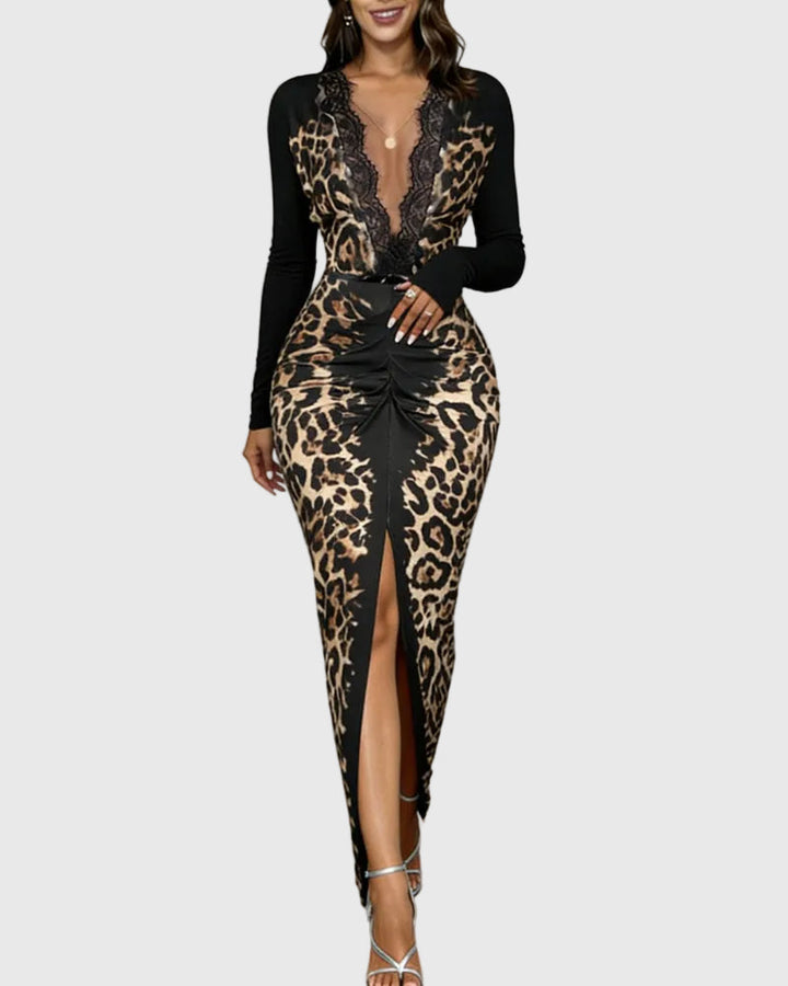 Trendig leopard bodycon-maxiklänning med djup v-ringning