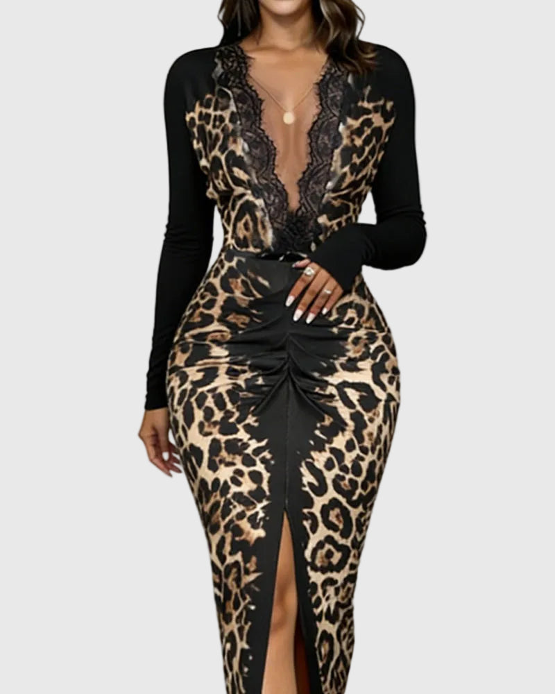 Trendig leopard bodycon-maxiklänning med djup v-ringning