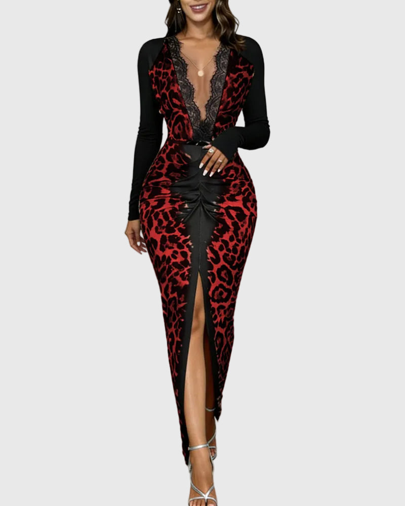 Trendig leopard bodycon-maxiklänning med djup v-ringning