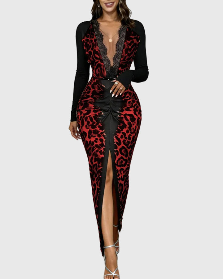 Trendig leopard bodycon-maxiklänning med djup v-ringning