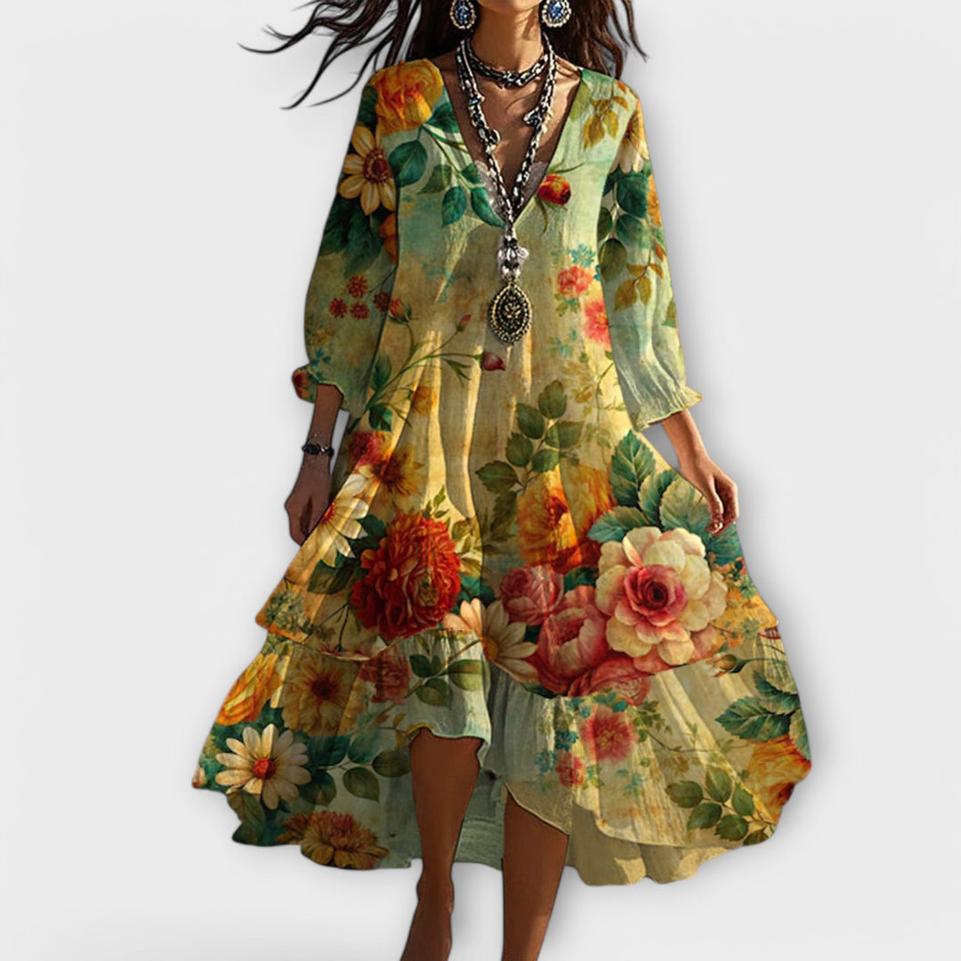 Marina – blommig vintage boho-klänning med v-ringning